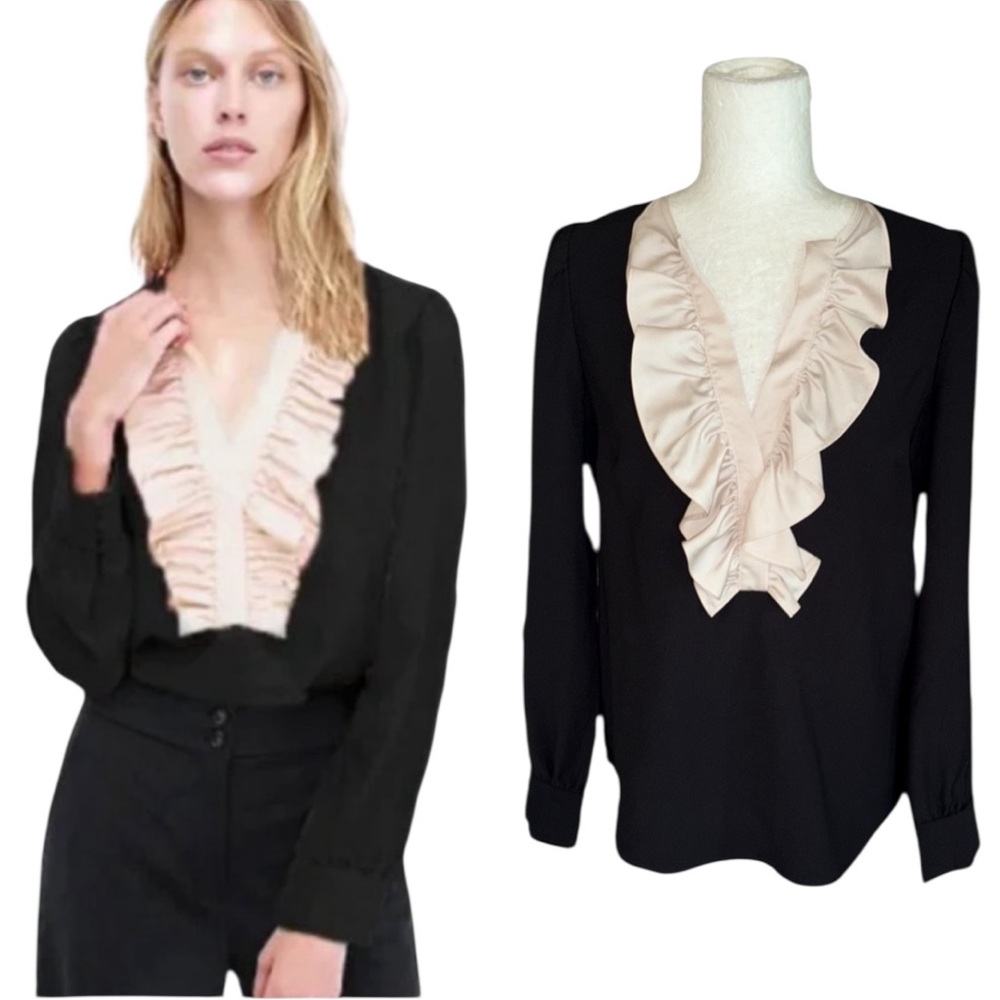 J. Crew Black & Nude Beige Satin Ruffle Front Blouse - XS